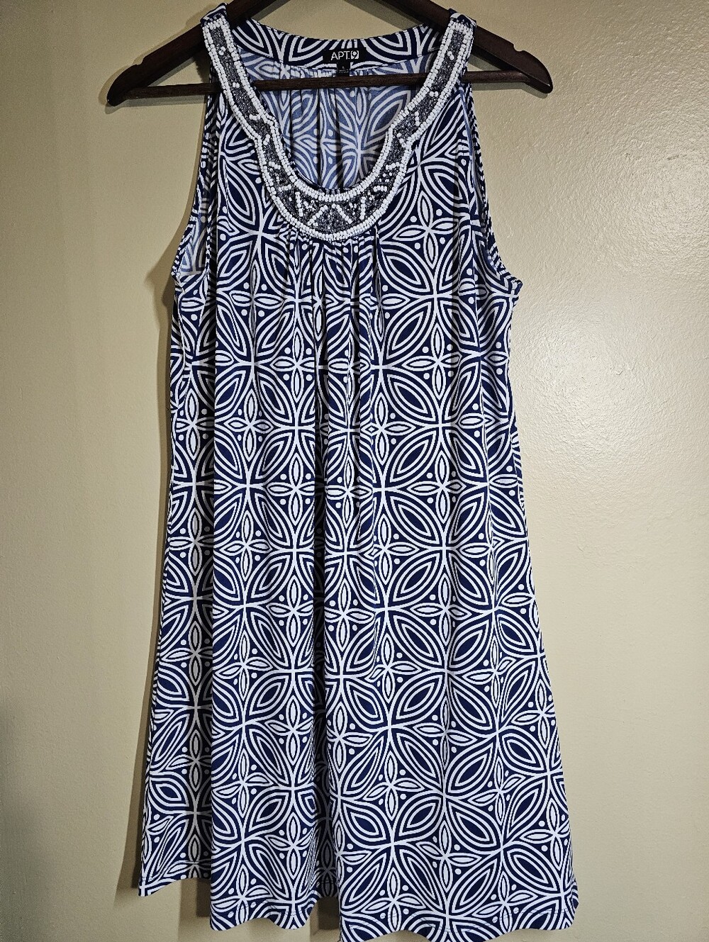 APT. 9 Blue White Geometric Beaded Sleeveless Shift Dress Women's Large